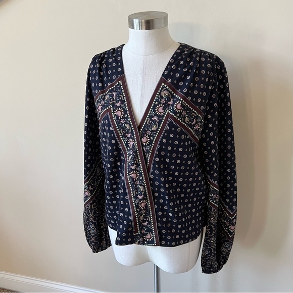 Jonathan Simkhai scarf print draped cross front blouse top 13485 - Picture 5 of 12